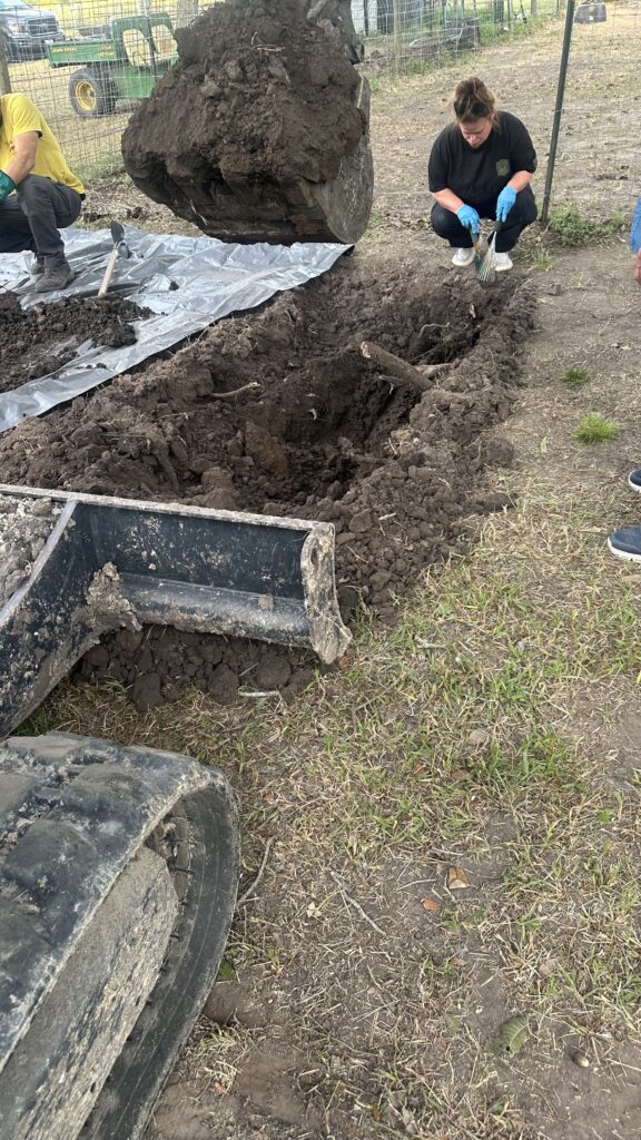 Excavation of soil near a Brazoria County cemetery during the 2026 search for possible evidence in the 1986 Rebecca Beard cold case.